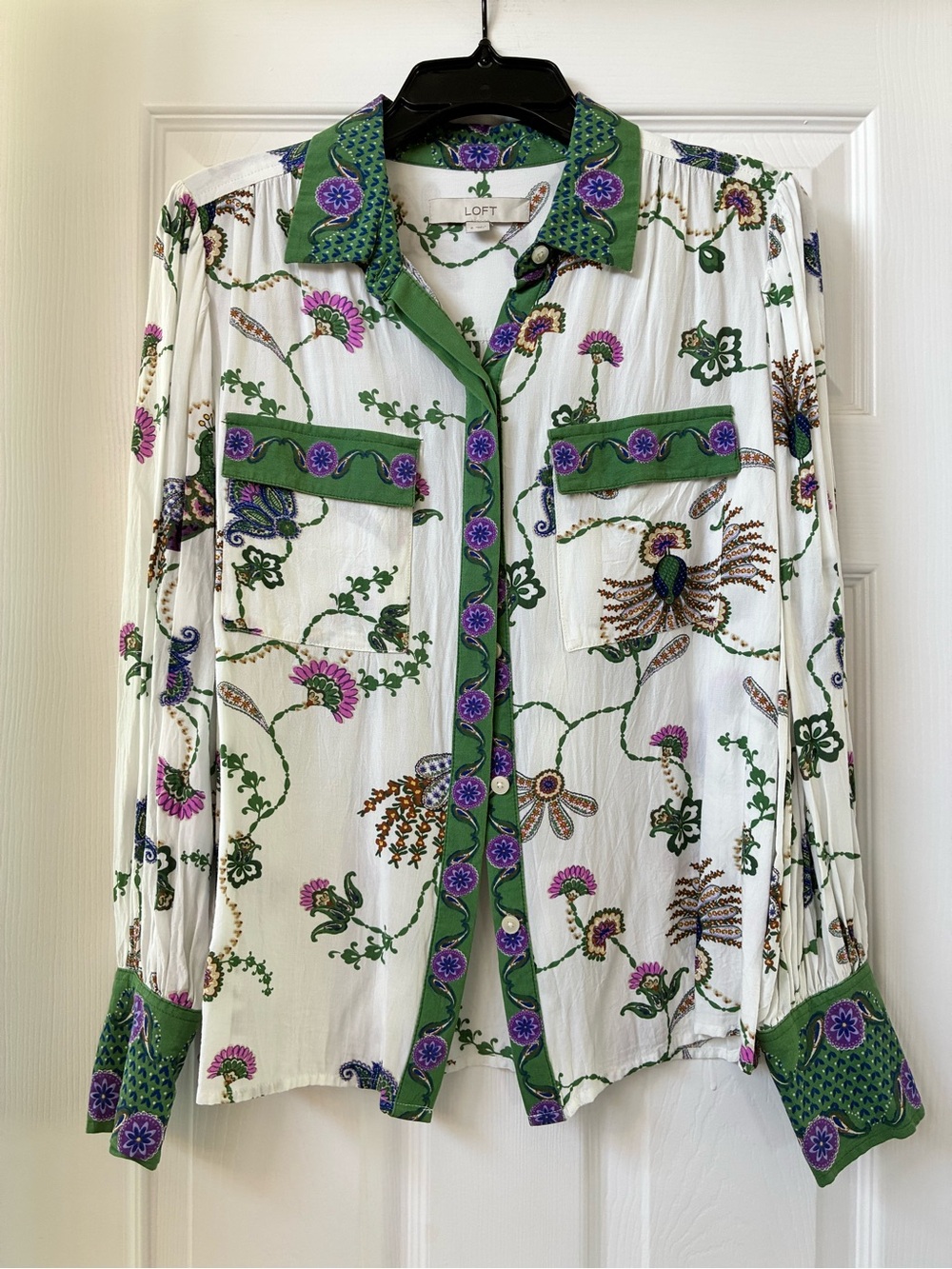 LOFT White Floral Button-Up Blouse with Green Trim and Purple Accents
